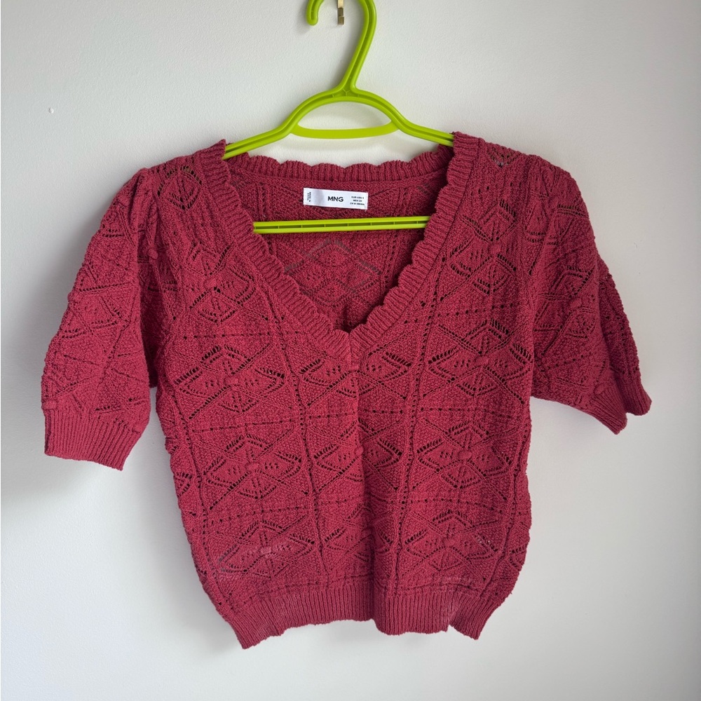 Mango red V-Neck Sweater with Textured Knit